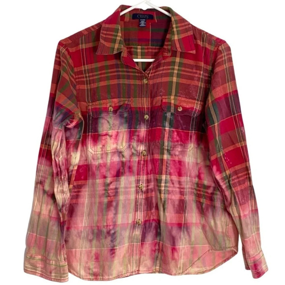 Upcycled Flannel Shirt Womens Size Medium Custom Bleached Plaid Boho Button Down - Picture 1 of 10